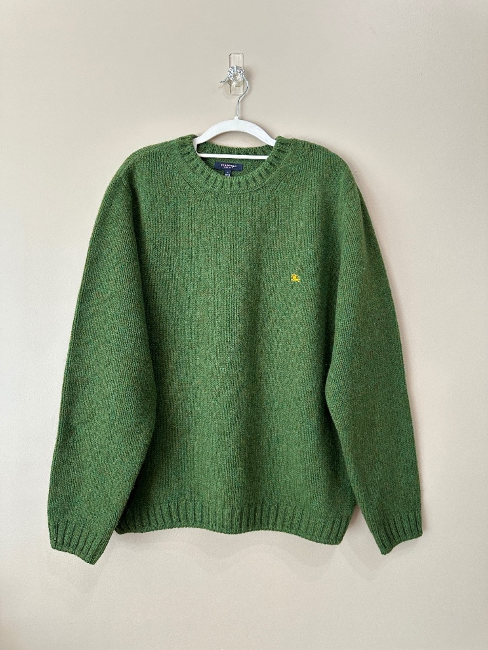 Burberry London Men's Embroidered Logo Green Crewneck Wool Sweater Size L